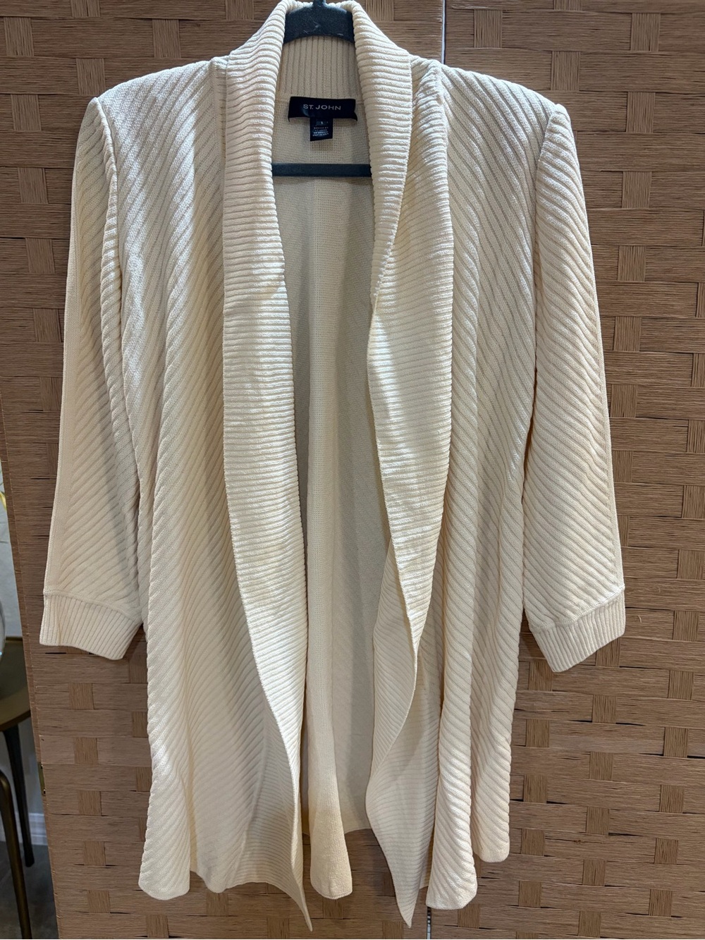 St. John Cream Textured Rib Knit Open Front Long Drape Cardigan S EUC